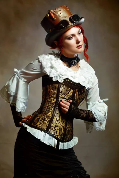 Portrait Belle Fille Style Victorien Portant Chapeau Steampunk — Photo