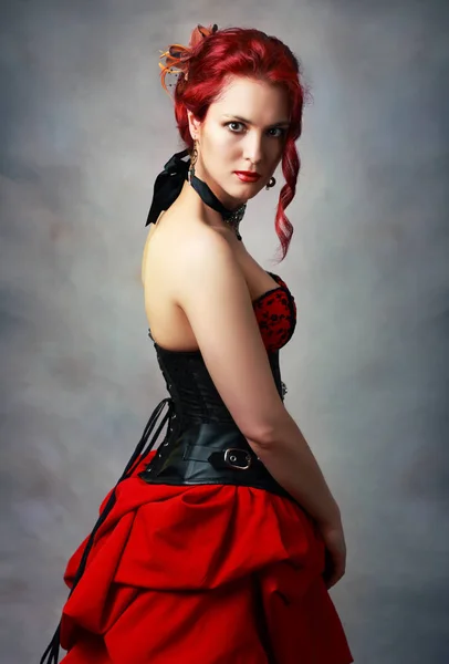 Beautiful Steampunk Girl Bodypainting Her Shoulder Posing Studio Black Corsette — Stock Photo, Image