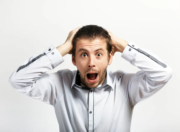 Scared Surprised Man Looking Camera Yelling — Stock Photo, Image