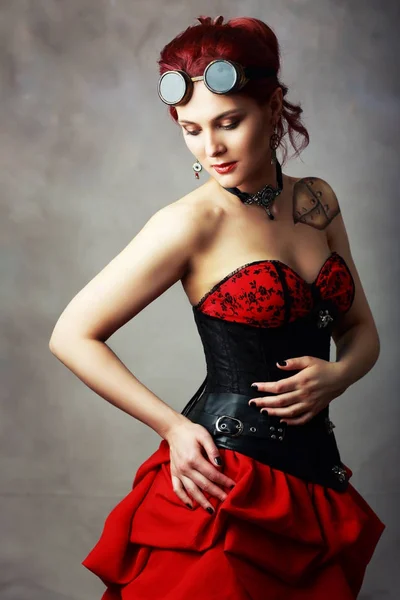 Beautiful Steampunk Girl Bodypainting Her Shoulder Posing Studio Black Corsette — Stock Photo, Image