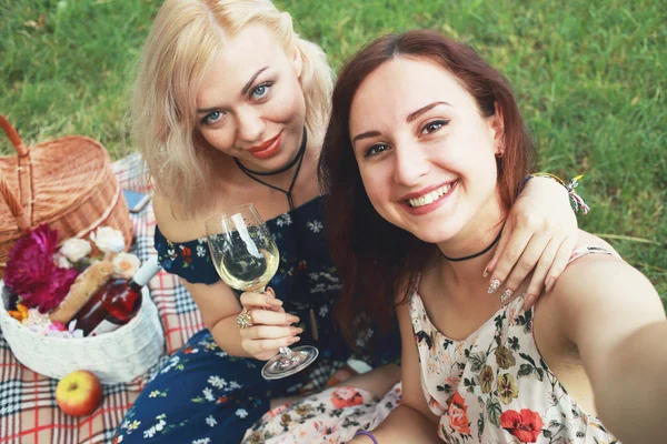 Girl Friends Have Wine Celebrate Friendship Picnic Making Selfie — Stock Photo, Image