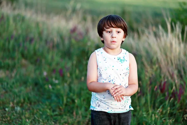 Pequeño Niño Sorprendido Caminando Campo Verde — Foto de Stock