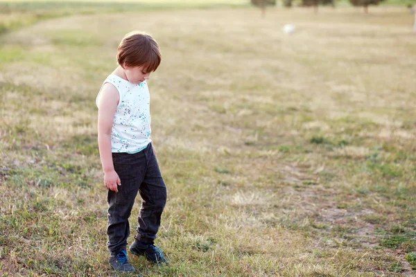 Anni Ragazzo Hanno Una Passeggiata All Aperto Sul Campo Erba — Foto Stock