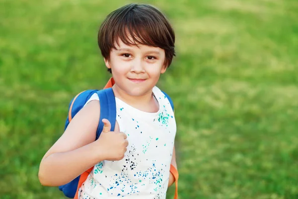 smiling little boy wearing backpack show thumb up on green grass background copyspace