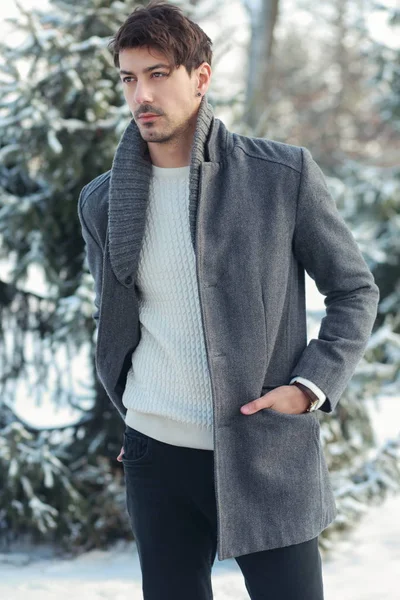 Outdoor Portrait Young Handsome Man Warm Coat Walking Alone Snowy — Stock Photo, Image