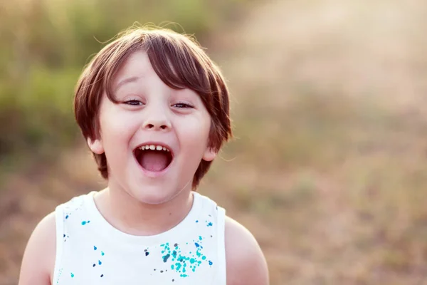 Kleiner Junge Schreit Laut Auf Grünem Gras Hintergrund Kopierraum Hintergrundbeleuchtung — Stockfoto