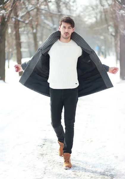 Outdoor Portrait Young Handsome Man Walking Alone Snowy Park — Stock Photo, Image