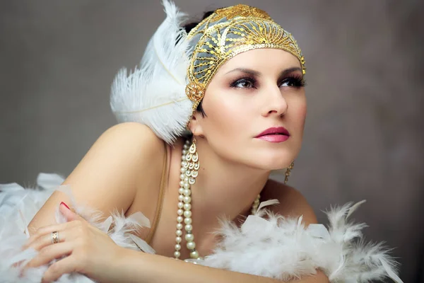 Beautiful Vintage 1920s Lady Wearing A Headband And White Feather Boa Stock  Photo, Picture and Royalty Free Image. Image 31473513.