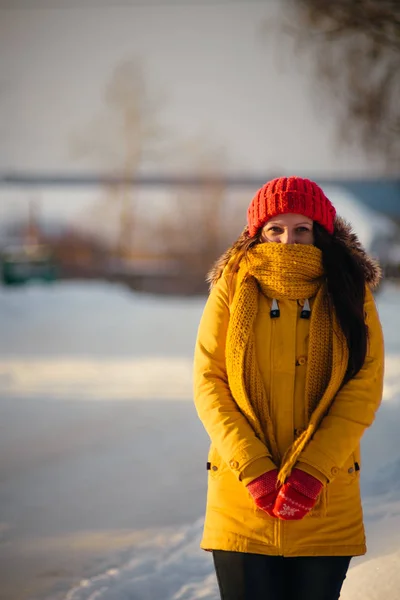 Portrait of romantic girl at sunset, sunrise, gold per hour on a frosty winter day — Stock Photo, Image