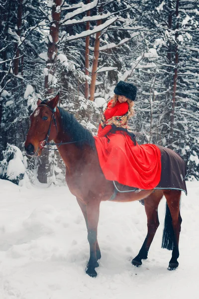 Photo Full-length of a beautiful girl and handsome stallion, horse in the winter on the nature — Stock Photo, Image