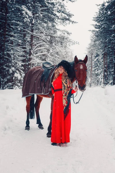 Photo Full-length of a beautiful girl and handsome stallion, horse in the winter on the nature — Stock Photo, Image