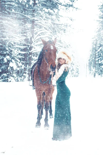 Fairy Tale: het mooie meisje samen met een charmante bruine hengst — Stockfoto