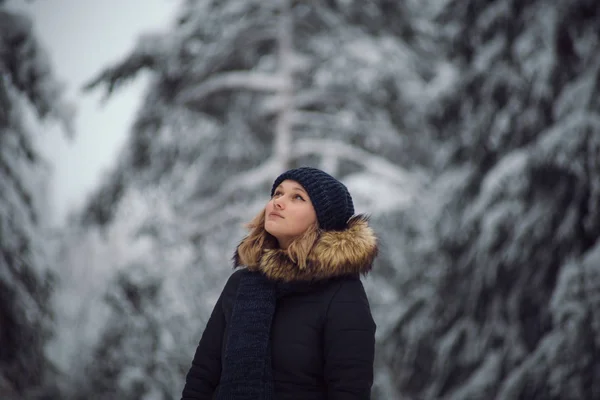 Девочка гуляет по зимнему лесу — стоковое фото