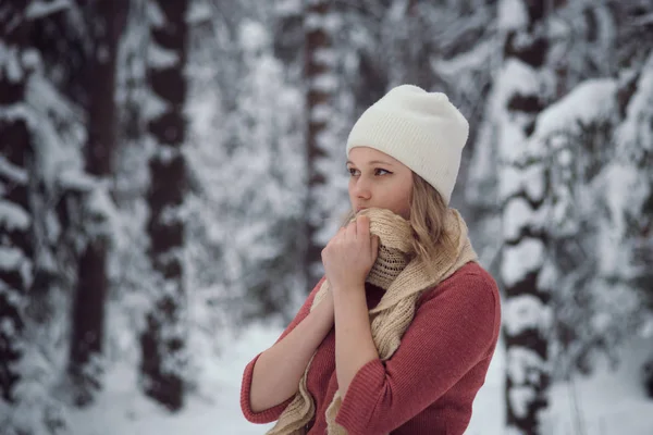 女孩走在冬季的森林 — 图库照片