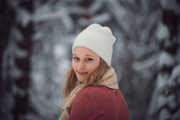 Gadis berjalan di hutan musim dingin — Stok Foto