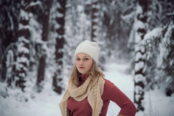 Menina caminha na floresta de inverno — Fotografia de Stock