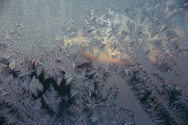 hoarfrost adlı bir pencere düşüş şafak arka planı
