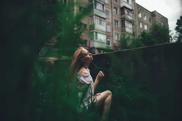 La belle fille aux cheveux roses s'assoit sur l'échelle jetée dans un environnement d'herbe verte — Photo