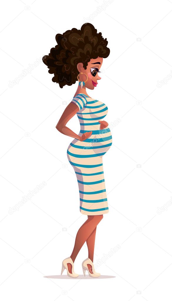 Vector illustration of black pregnant woman. Young african-american pregnant woman smiling and looking at the belly with hands on stomach. Vector flat design illustration isolated on white background