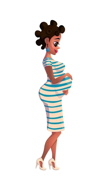 Векторная иллюстрация чёрной беременной женщины. Африкано-американская беременная женщина улыбается и смотрит на живот с руками на животе. Векторная плоская иллюстрация на белом фоне — стоковое фото