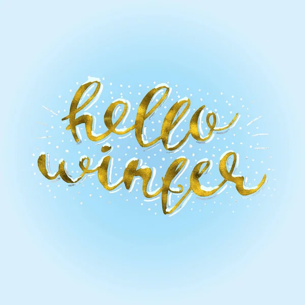 Bonjour hiver Or scintillant élégant design moderne brosse lettrage sur un vecteur de fond bleu Illustration — Image vectorielle