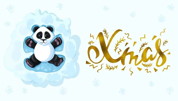 Написанная от руки элегантная современная кисточка с золотой надписью Panda лежит на снегу, играя в снежных ангелов. Векторная иллюстрация — стоковый вектор