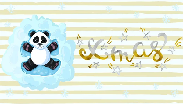 Написанная от руки элегантная современная кисточка с золотой надписью Panda лежит на снегу, играя в снежных ангелов. Элемент дизайна баннера, открытки, приглашения, открытки. Вектор — стоковый вектор