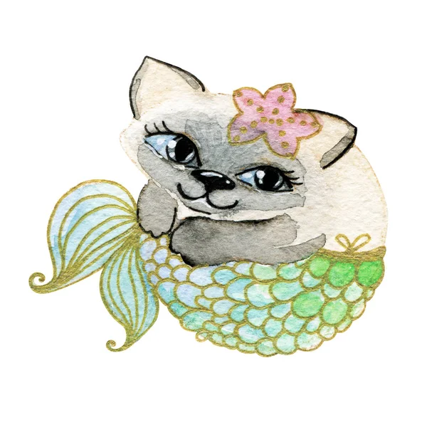 Cute siamese cat mermaid animal watercolor illustration — Stock Photo, Image