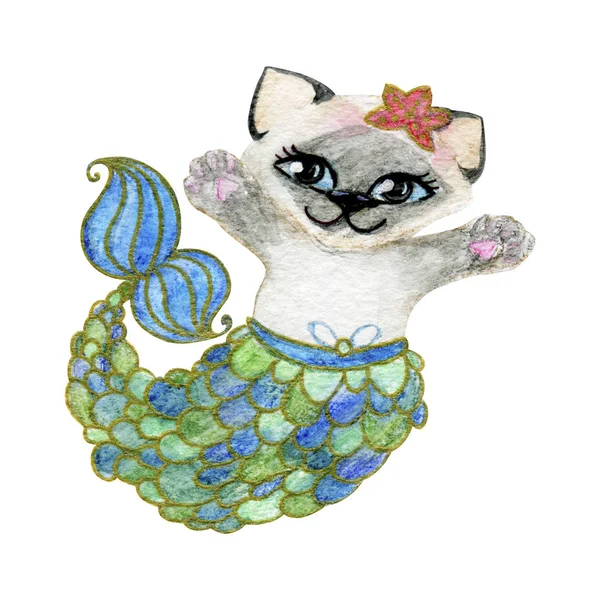 Niedliche siamesische Katze Meerjungfrau Tier Aquarell Illustration — Stockfoto