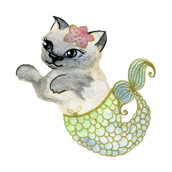 Cute siamese cat mermaid animal watercolor illustration — Stock Photo, Image
