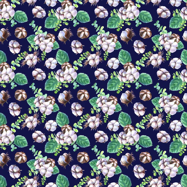 Padrão sem costura aquarela de galhos e flores de algodão folhas no fundo azul escuro — Fotografia de Stock