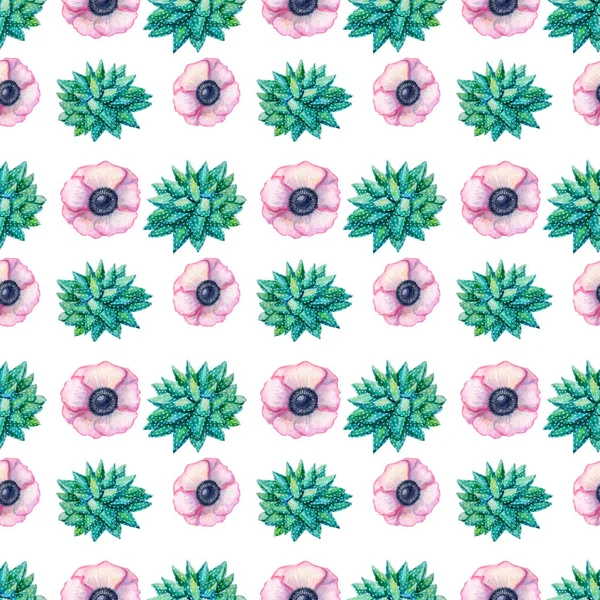 Textura de patrón sin costura de acuarela - plantas suculentas y flores anémona rosa sobre fondo blanco Rama pintada a mano — Foto de Stock