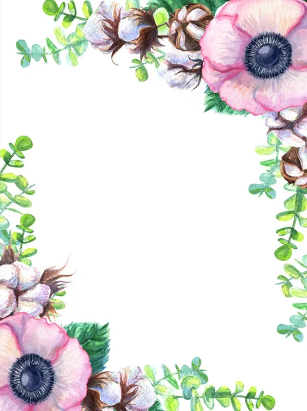 Marco acuarela de algodón anémona Ilustraciones botánicas sobre fondo blanco. Se puede utilizar para tarjetas, invitación, diseño de la boda, cubierta, cartel — Foto de Stock