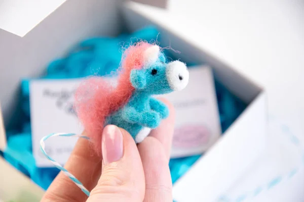 hande made wool toy blue unicorn mini sculpture needle felting