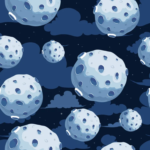 Vector cosmos patrón inconsútil de dibujos animados de luna llena sobre el fondo azul oscuro y nubes — Archivo Imágenes Vectoriales