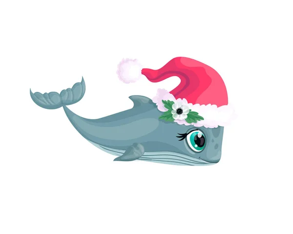 Aranyos bálna visel Mikulás kalap karácsonyra és mosolygós fehér anemone virág vektor — Stock Vector
