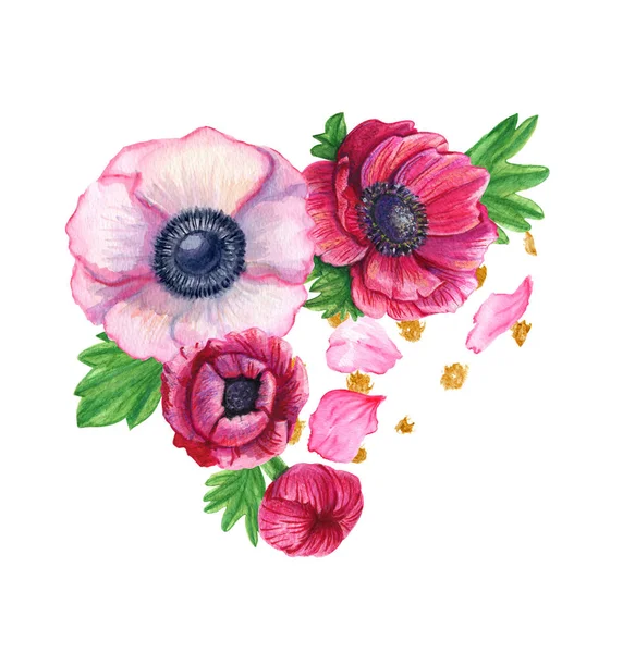 Akvarell Anemone virágok botanikai illusztráció. Kézrajz A szív virág. Egy szív alakú virágkoszorú. Tökéletes sablon, design esküvő, üdvözlőlap, banner — Stock Fotó