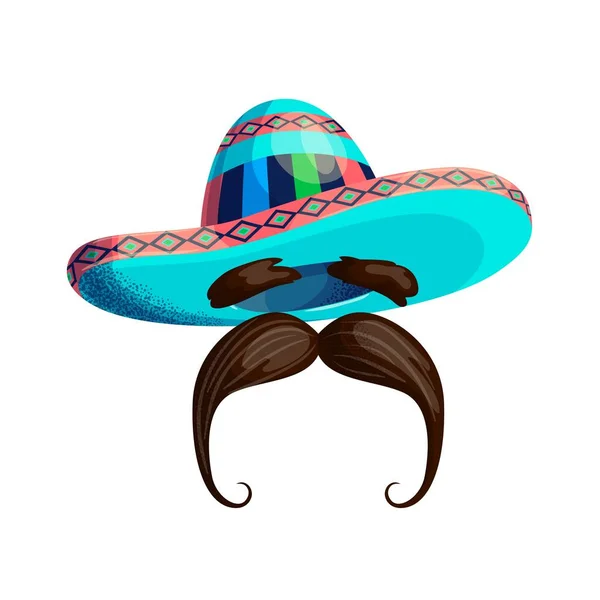 Meksykański kapelusz i wąsy odizolowane na białym tle. Kolorowe meksykańskie sombrero z kreskówki. Symbol zakładu fryzjerskiego. Holiday Cinco de Mayo, meksykański kapelusz sombrero. Podpis, symbol, elementy. Meksyk, karnawał — Wektor stockowy