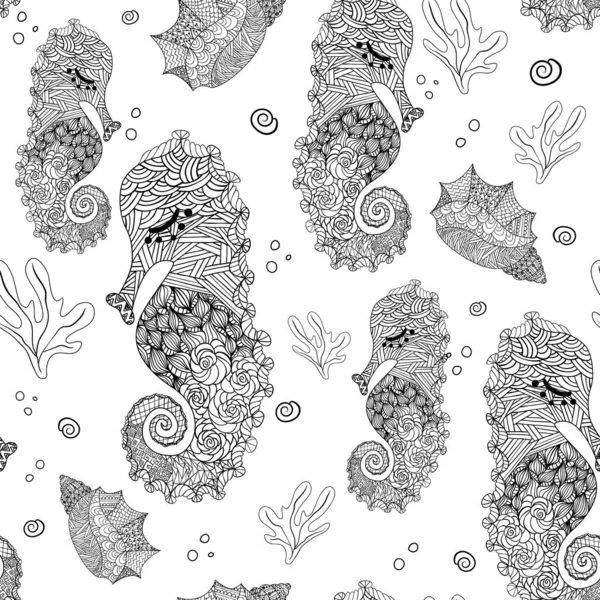 Vie sous-marine Vecteur de texture sans couture pour adultes et enfants. Modèle dessiné à la main animaux sans couture océan. Coloriage, livre à colorier vie marine, sous-marin, esquisse hippocampe, créatures aquatiques . — Image vectorielle