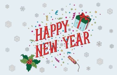 Noel ve yeni yıl 2017 handdrawing kartpostal şampanya, Karaca ot, kar taneleri, renkli konfeti, yıldız, hediye kutusu, hediye. Parlak ve neşeli yararlı davet için kış tatilleri, etkinlikler, şahsın.