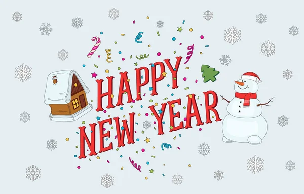 Noel ve yeni yıl 2017 handdrawing kartpostal ile kulübe, kardan adam, kar taneleri, renkli konfeti, yıldız, hediye kutusu, hediye. Parlak ve neşeli yararlı davet için kış tatilleri, etkinlikler, şahsın.