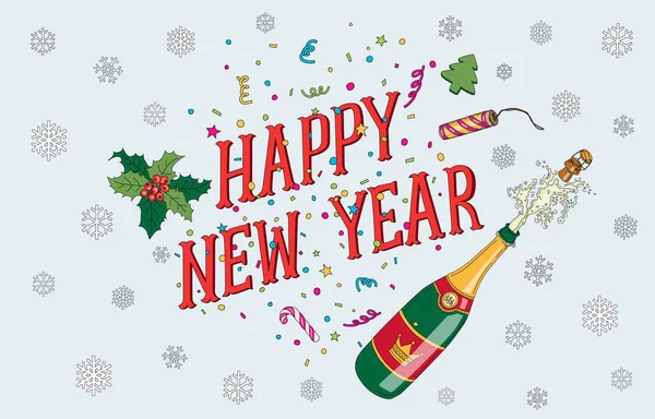 Noel ve yeni yıl 2017 handdrawing kartpostal şampanya, Karaca ot, kar taneleri, renkli konfeti, yıldız, hediye kutusu, hediye. Parlak ve neşeli yararlı davet için kış tatilleri, etkinlikler, şahsın.