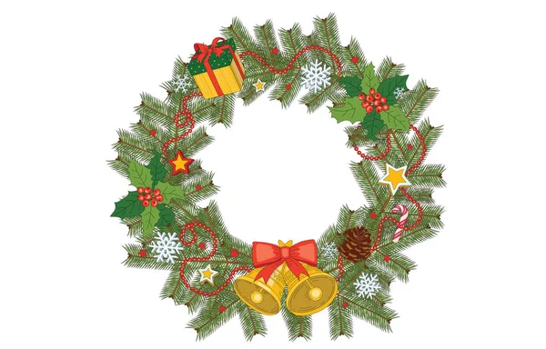 Kırmızı ve sarı yıldız, çan, kar taneleri, hediye kutusu, hediye ile yeni yıl ve Noel dekorasyon çelenk.