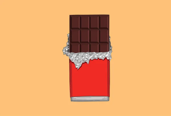Chocolade bar illustratie met rode pack en zilver papier — Stockvector
