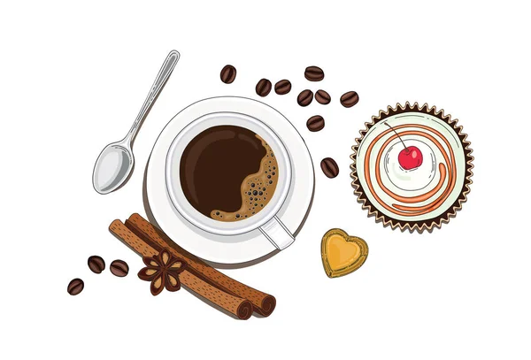 Bir fincan kahve üstten görünüm vektör çizim. Kaşık, tarçın, pasta, kahve çekirdekleri ve sarı kalp şeker çevresinde