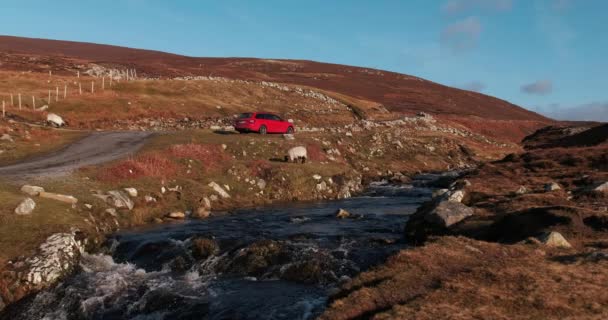 Video Von Rotem Auto Der Nähe Des Gebirgsbaches Der Atlantikküste — Stockvideo