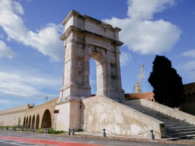 Güzel İtalyan liman ve güneş, Ancona, Marche ışınları altında Roma kapısı.