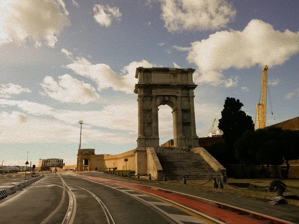 Prachtige Italiaanse haven en Romeinse poort onder de stralen van de zon, Ancona, Marche instellen. — Stockfoto