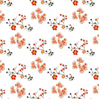 Parlak kırmızı meyveler muhteşem çiçeklerle. Japonca ve Çince stil.