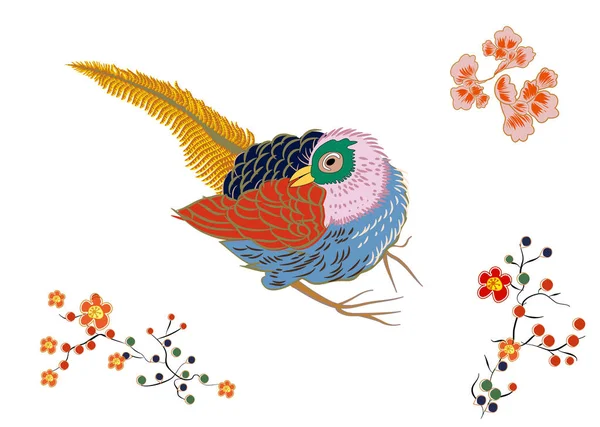 Казкові великий птах з Золотий пір'ям. японська. — стоковий вектор